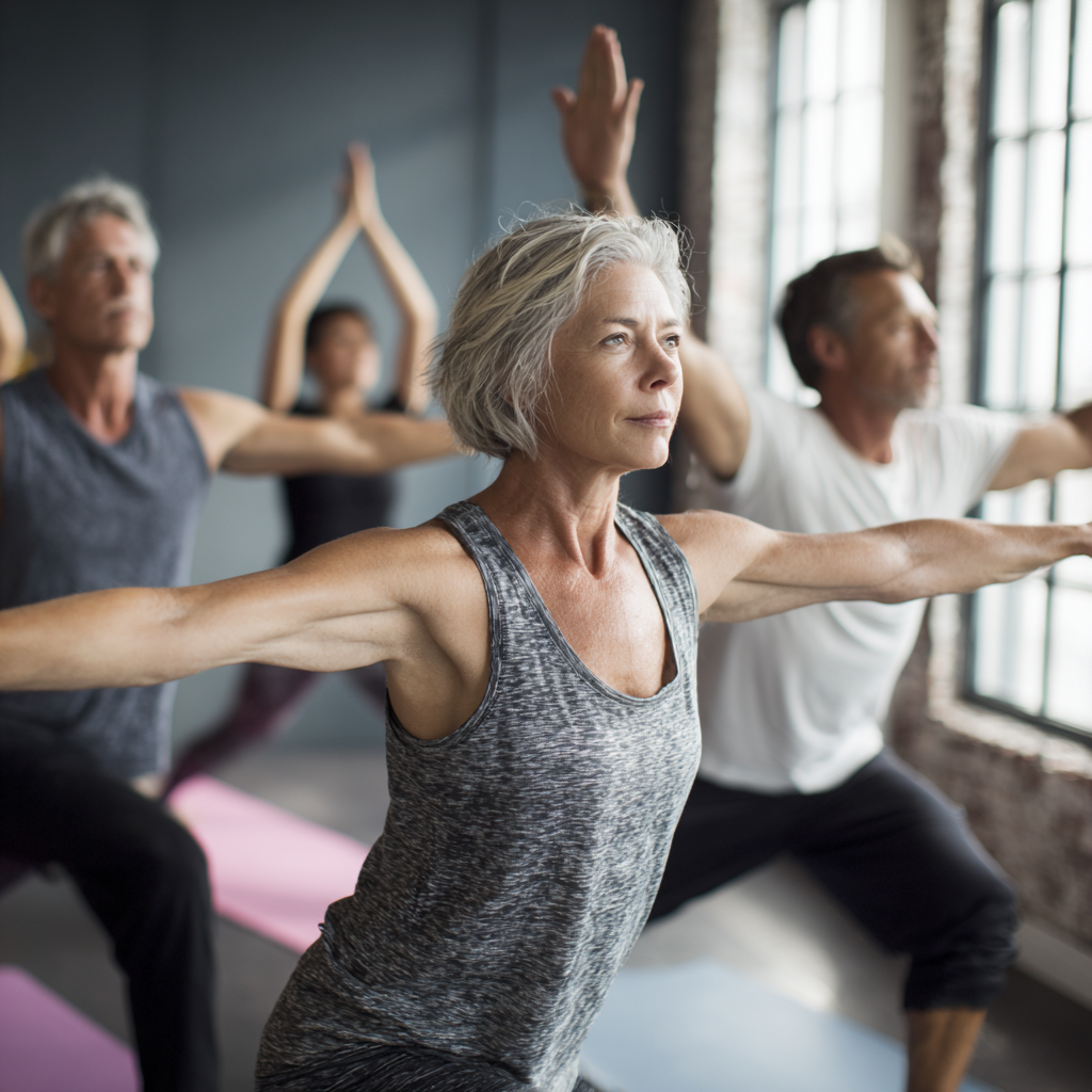 Mature adults practicing different yoga poses in peaceful studio environment