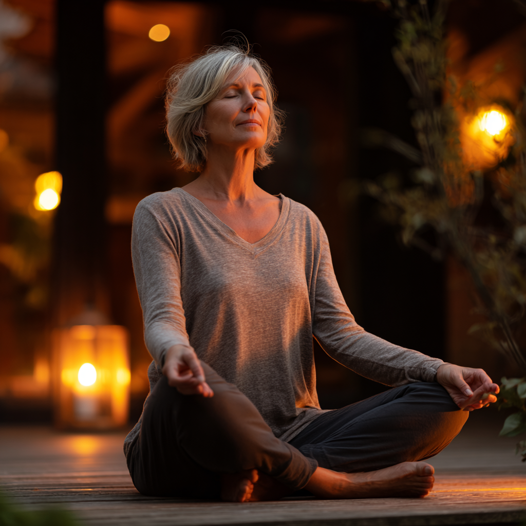 Peaceful middle-aged woman in lotus position during evening meditation session