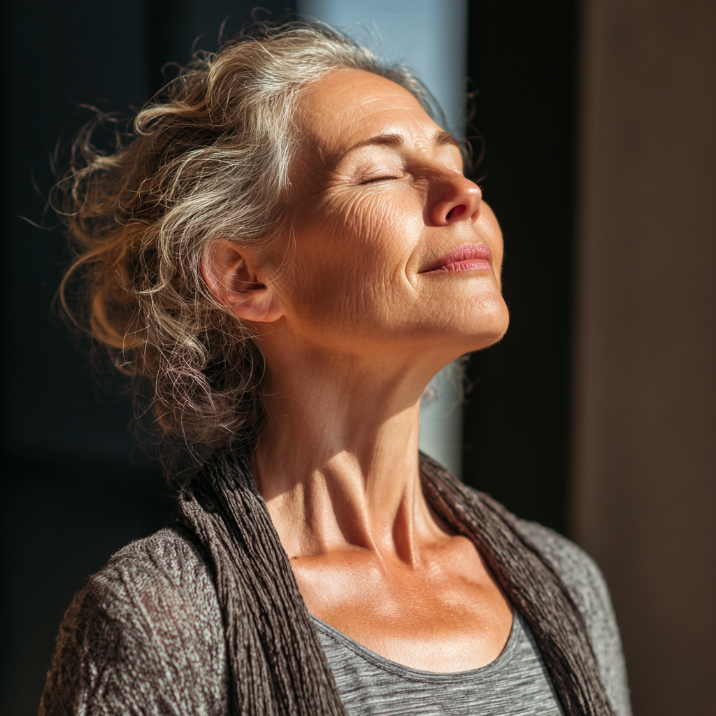 Serene middle-aged woman demonstrating yoga breathing technique in natural light